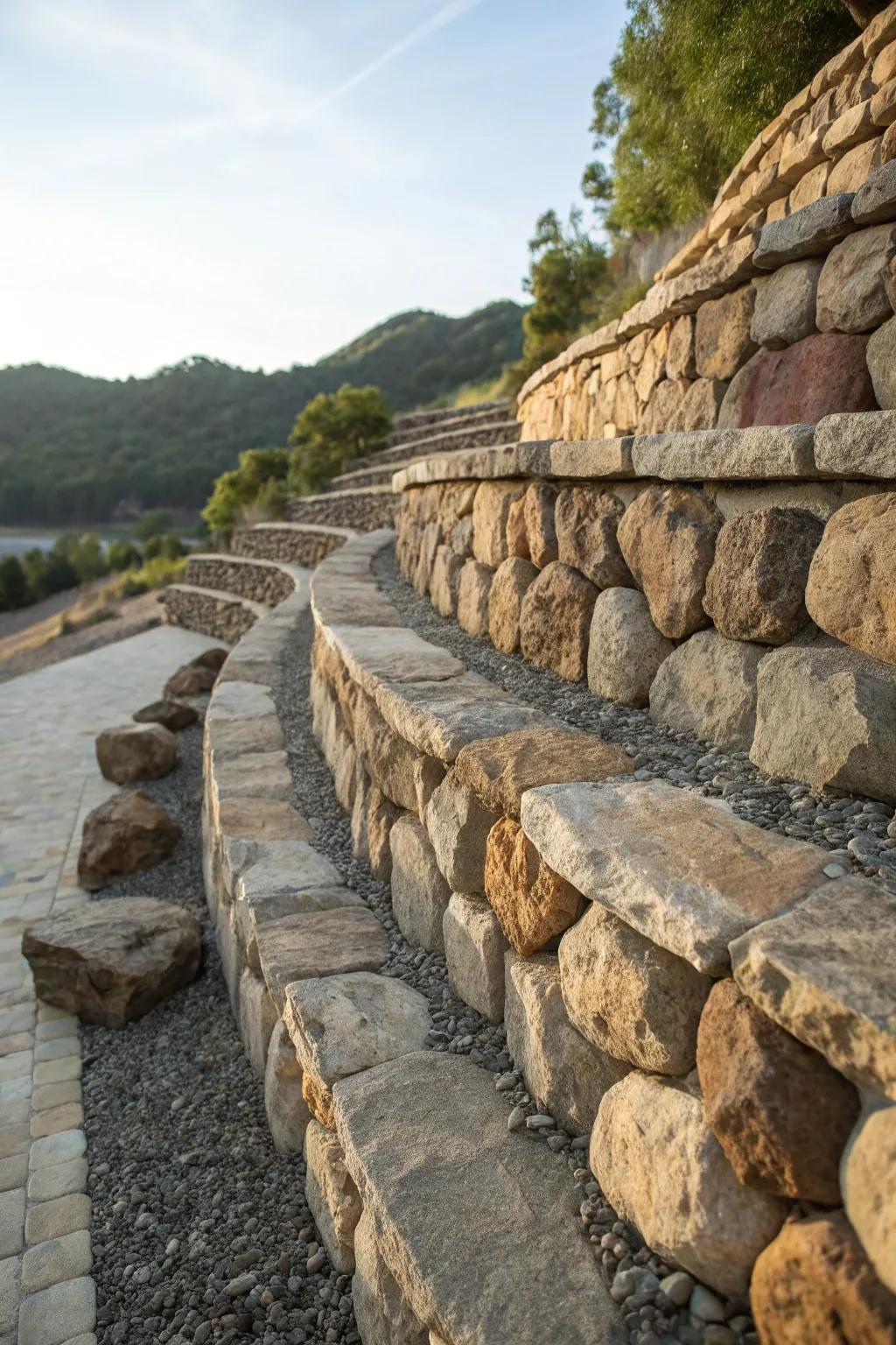 Discover the art of tiered rock walls: a blend of stability and style.