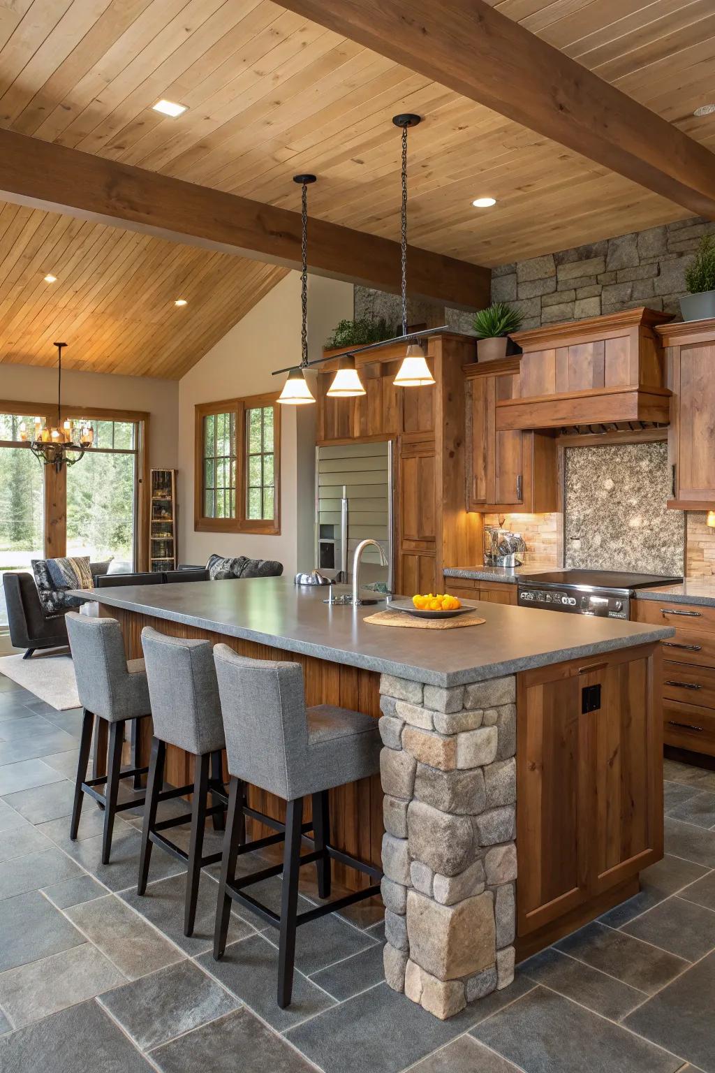 A stunning kitchen island that combines wood and stone, offering both beauty and functionality.