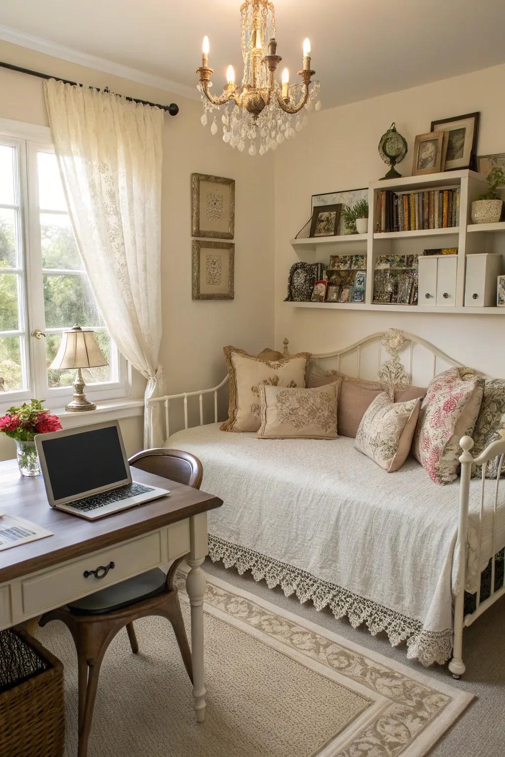 A vintage daybed adds character and elegance to any home office.
