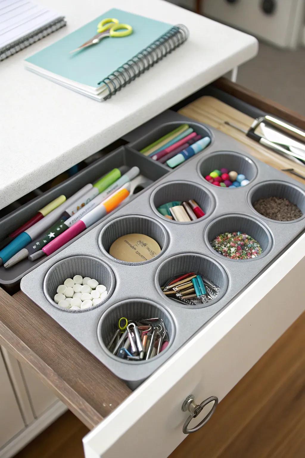 Repurposing household items can create charming and functional drawer storage.