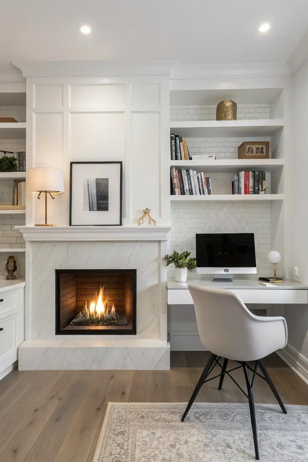 A minimalist fireplace complements modern office design.