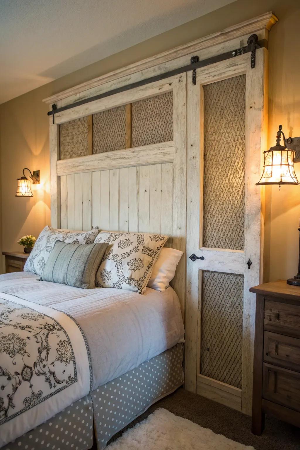 Transform your bedroom with the charm of a rustic headboard made from an old screen door.