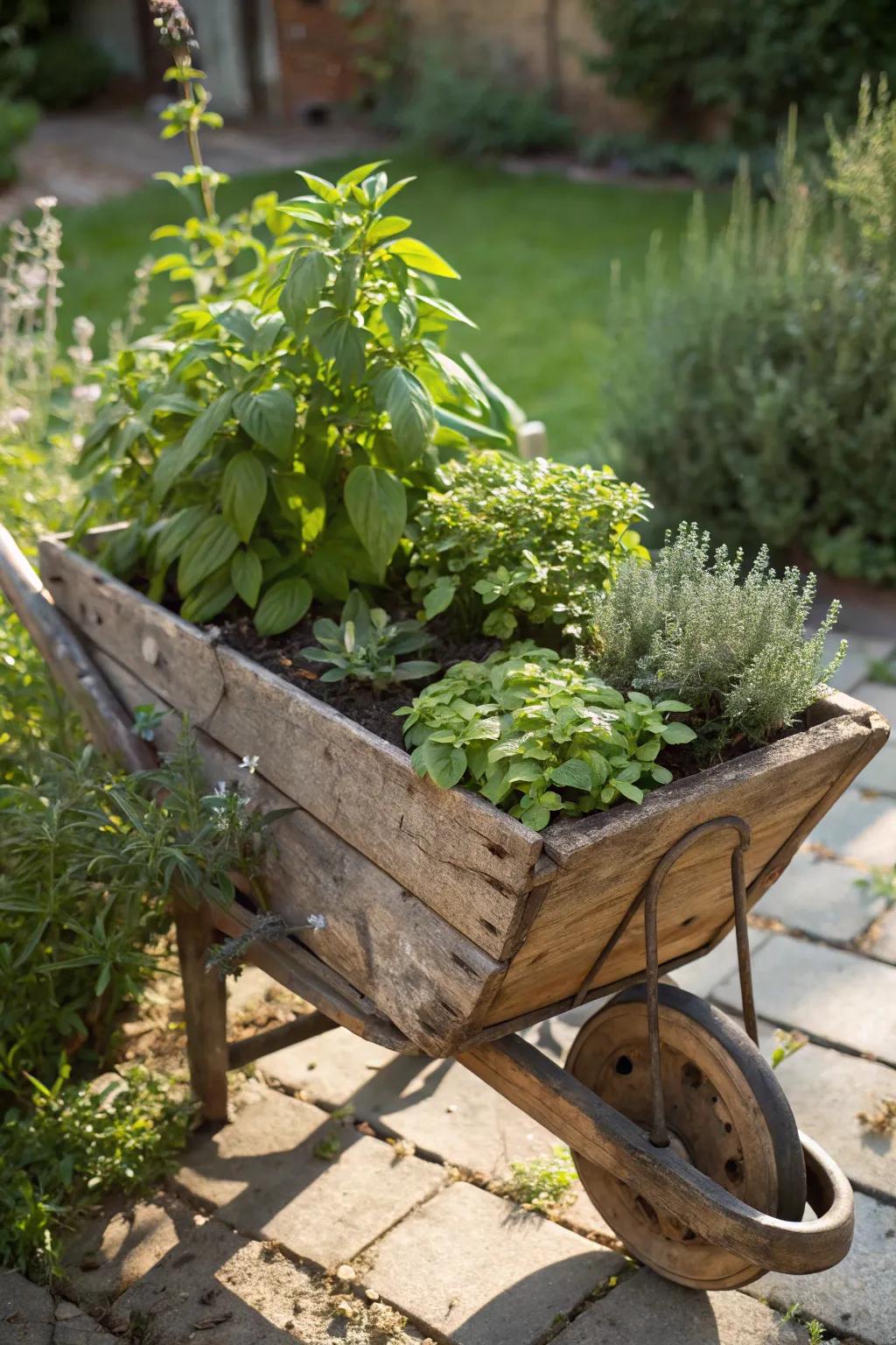 Revitalize your garden with a rustic wheelbarrow herb oasis.