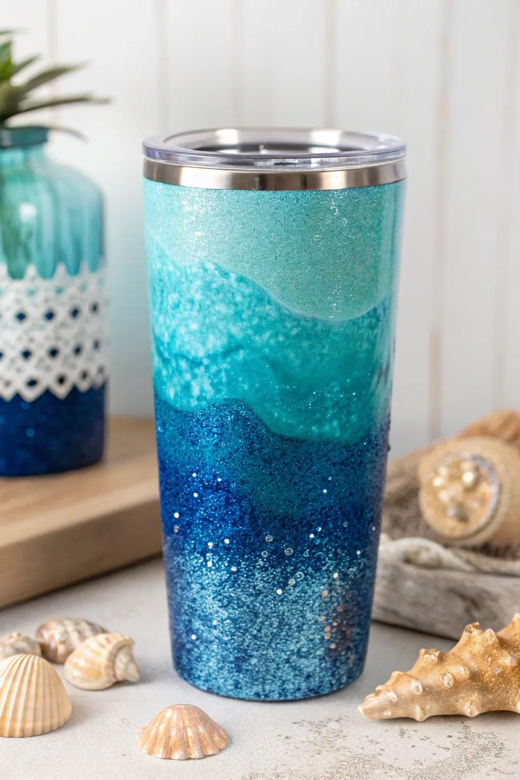 Capture the essence of the ocean with this stunning ombre glitter tumbler, where elegance meets seaside serenity.