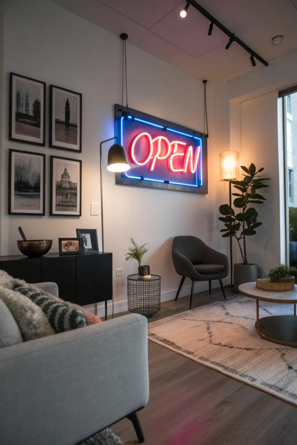 Brighten your space with a bold neon open sign.