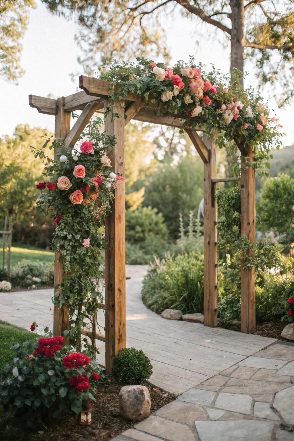 A rustic wooden arch beautifully decorated with flowers and greenery.