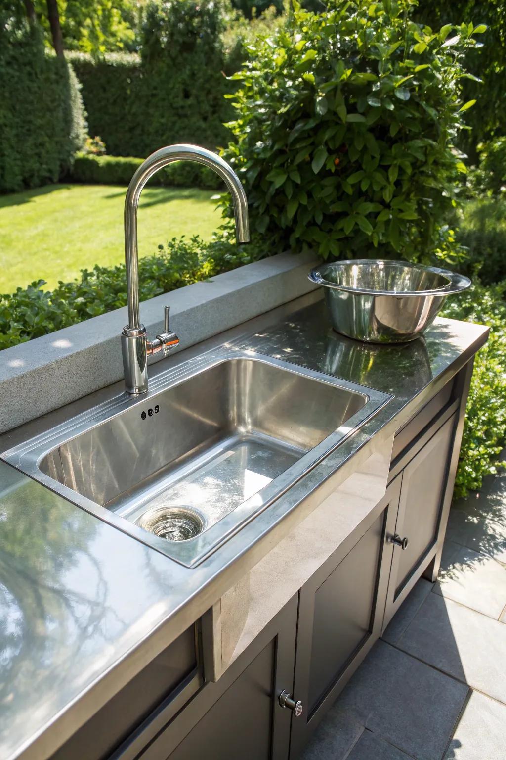 Elevate your outdoor space with a sleek stainless steel sink that combines modern design with durability.