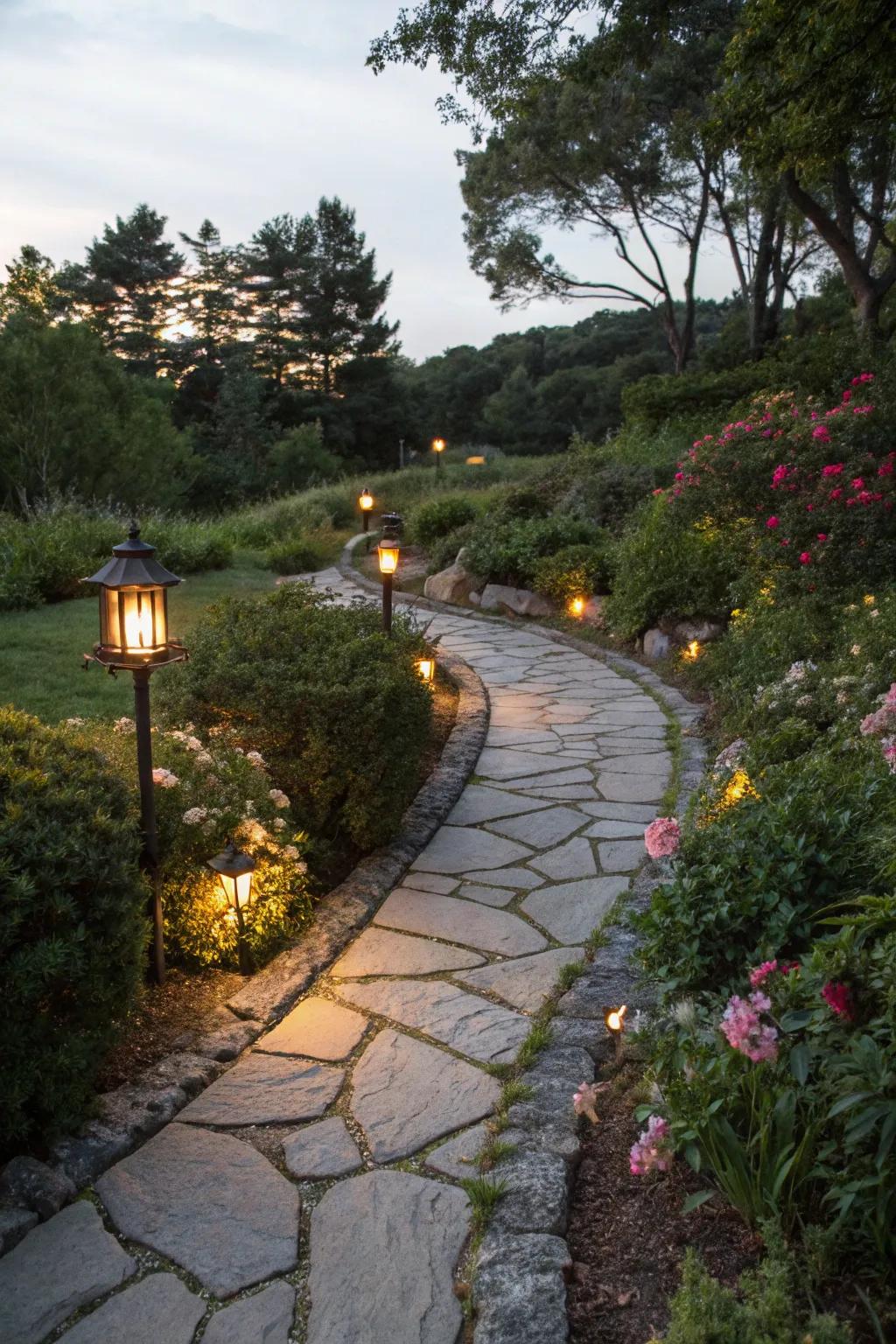 Elegant solar pathway lights guide the way through your garden.