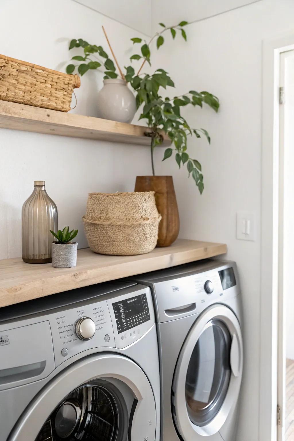 Elevate your laundry space with the airy elegance of floating shelves.