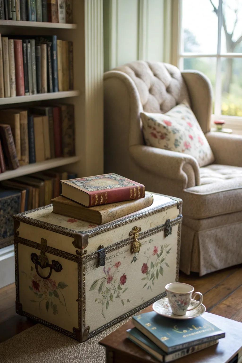 A vintage chest blooms with elegance in floral design.
