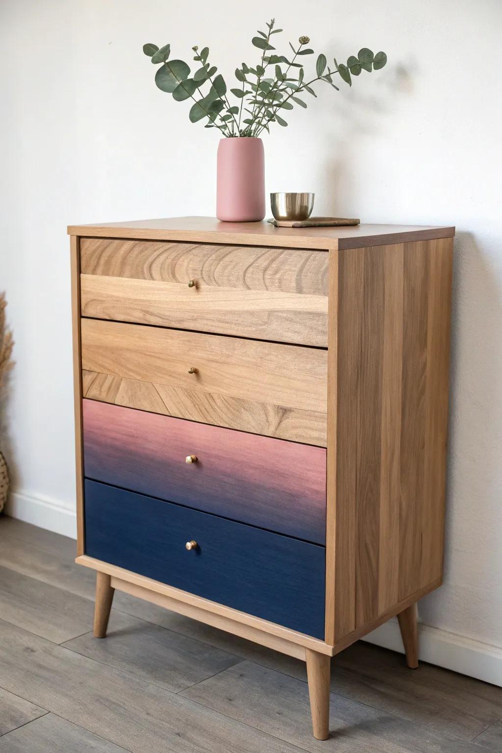 Transform your space with the serene beauty of this ombre chest of drawers.