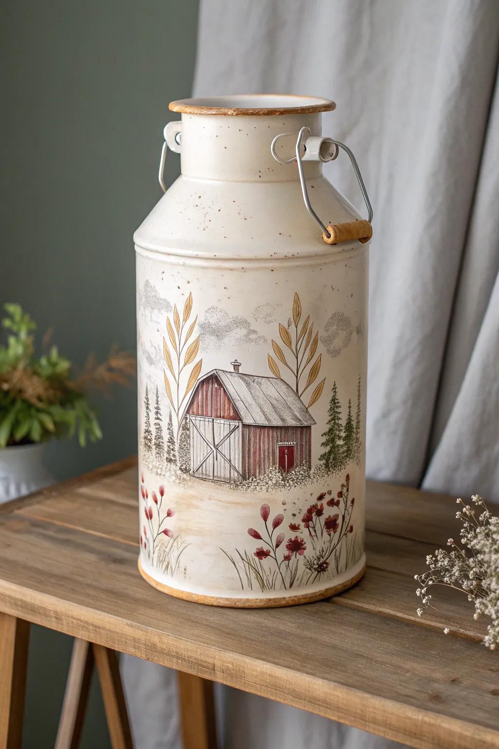 Add a touch of rustic farmhouse charm to your home with this beautifully painted milk can.