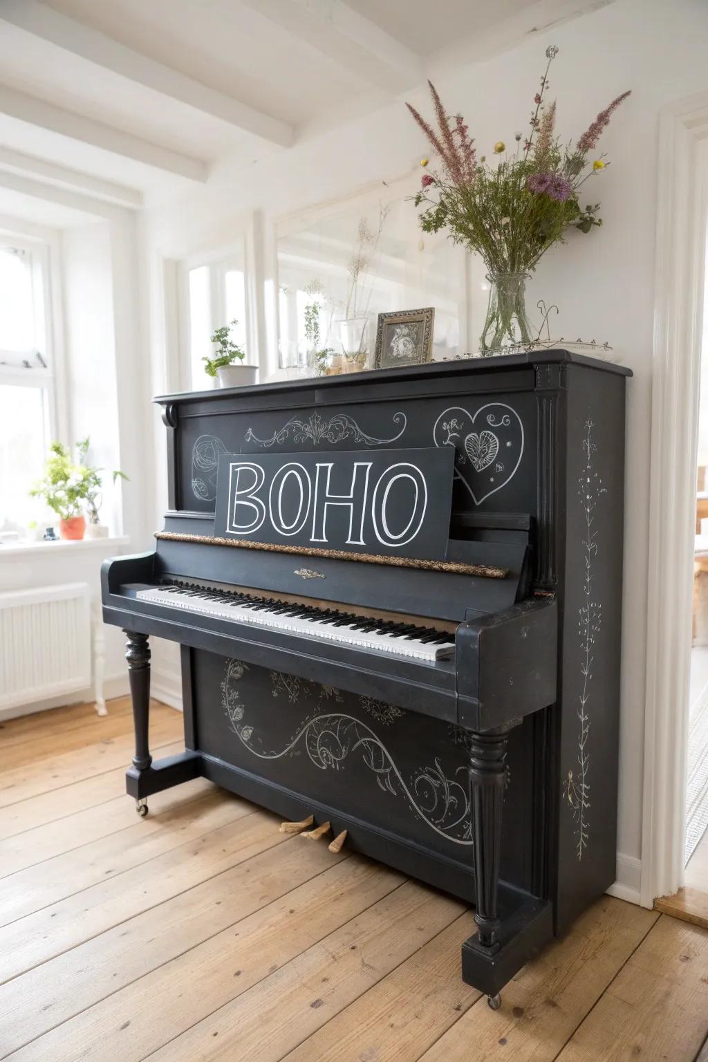 Unleash creativity with a chalkboard piano – where inspiration meets elegance in every note.