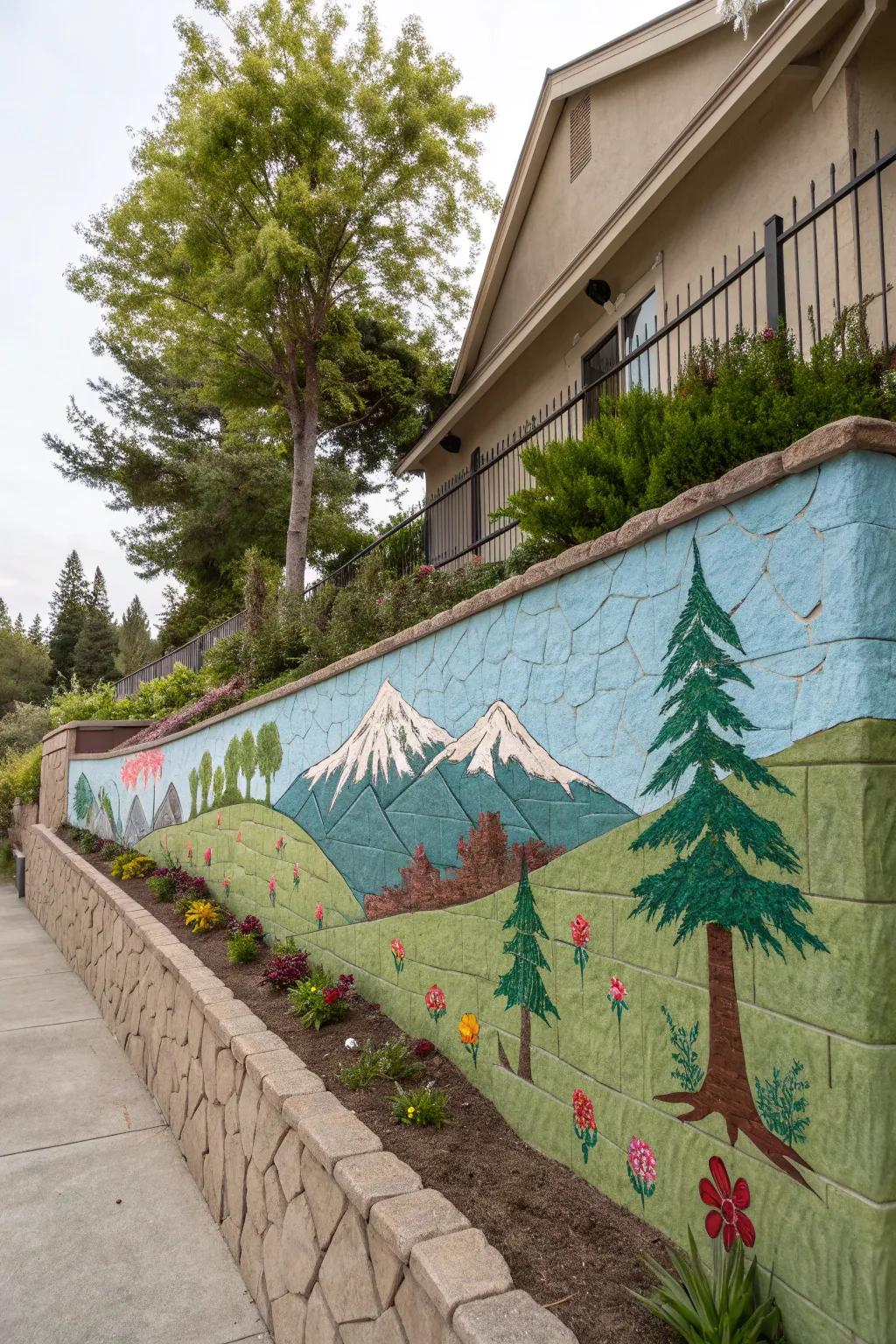 Transform your garden with a stunning nature-inspired mural that brings the beauty of the outdoors to your retaining wall.