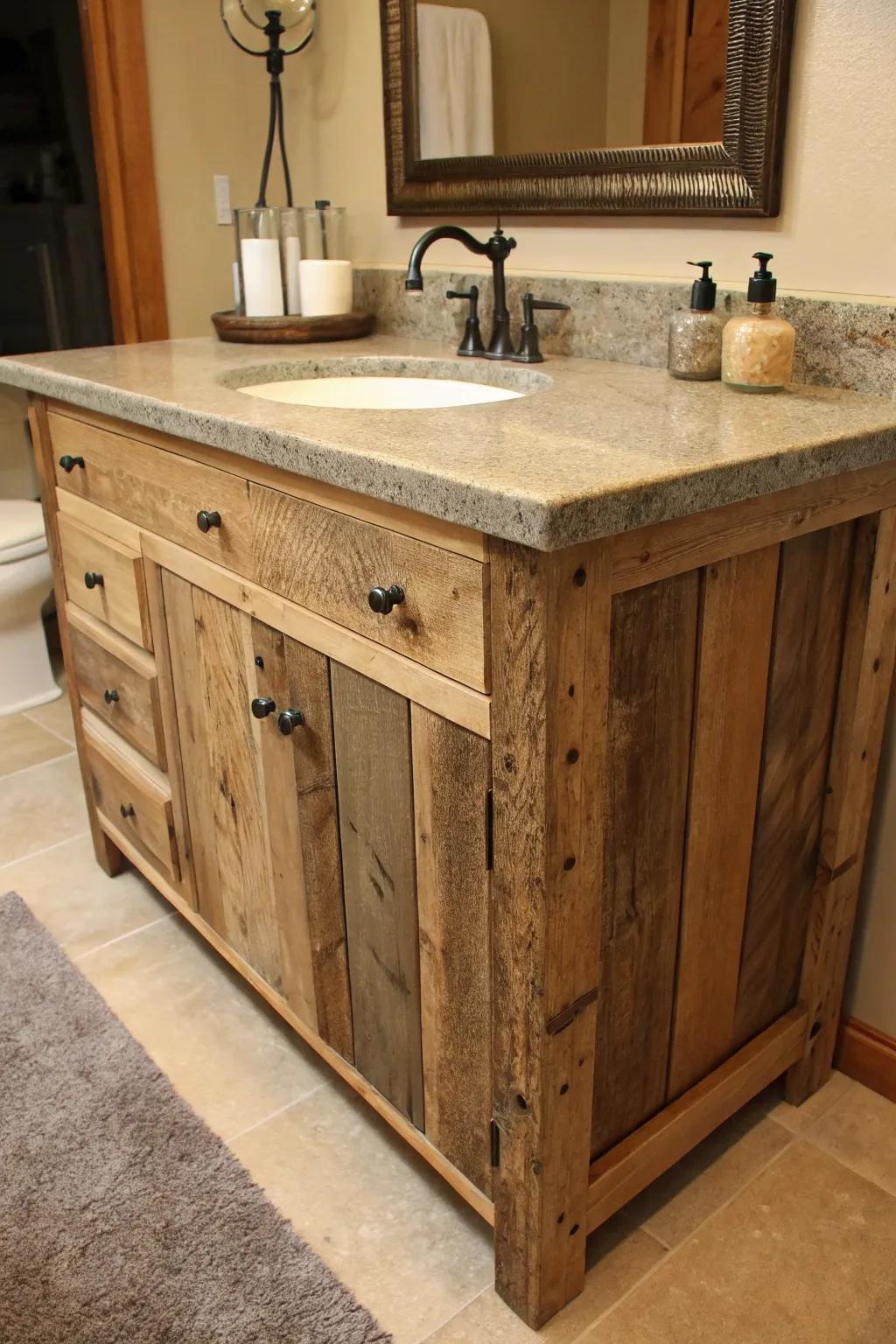 Elevate your bathroom with a rustic charm: a pallet-built vanity base paired with a sleek stone countertop.