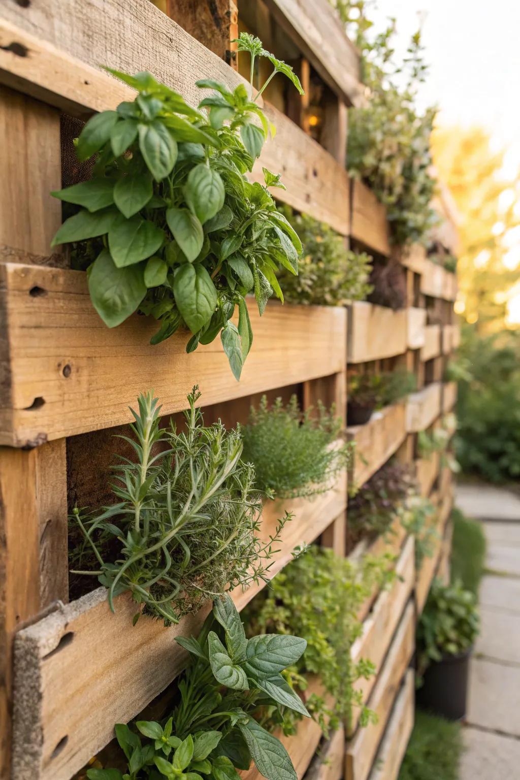 Transform your backyard with a handcrafted pallet fence adorned with a lush vertical herb garden.