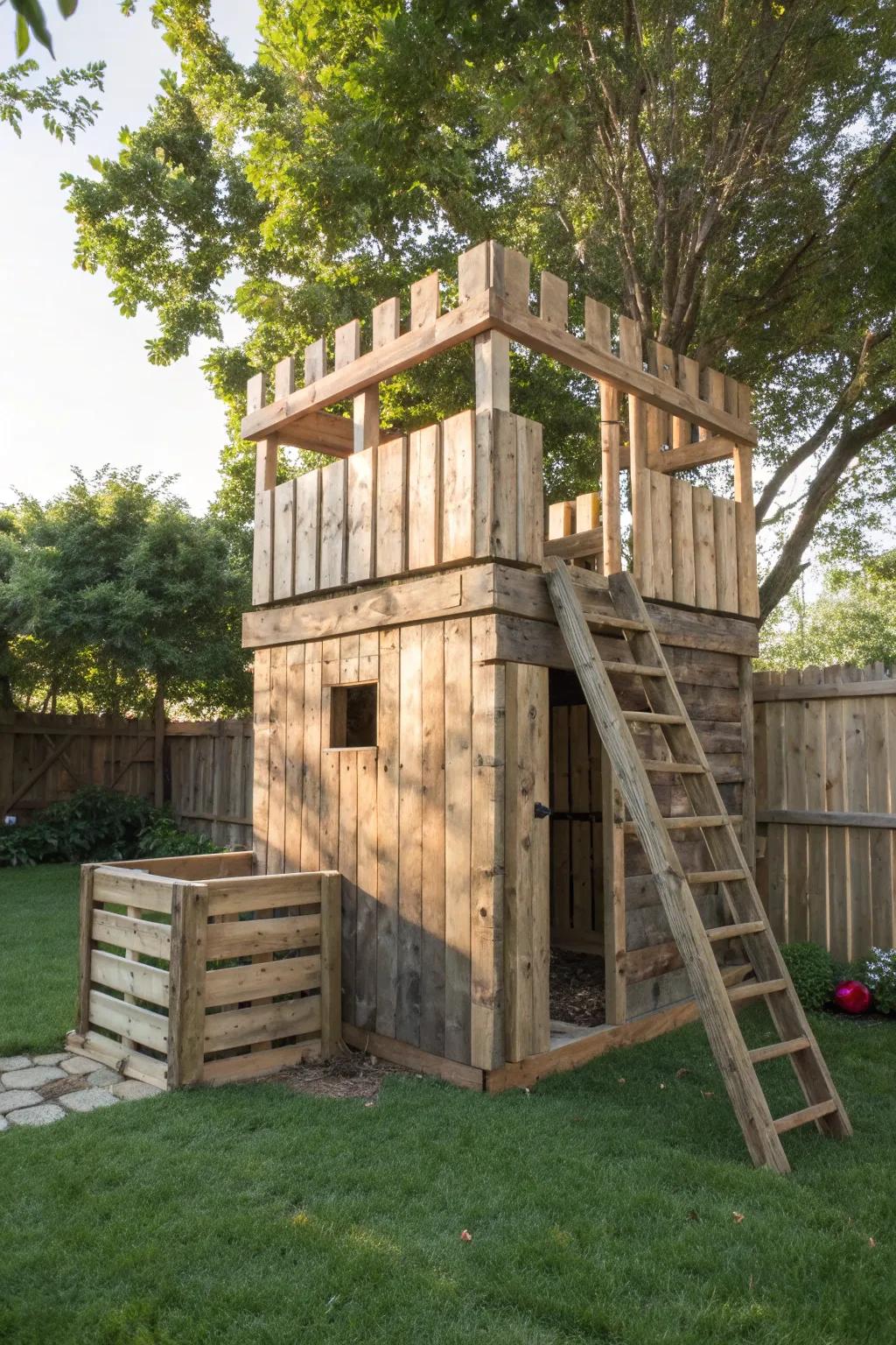Elevate your backyard adventures with this stunning two-story pallet fort, perfect for endless playtime!