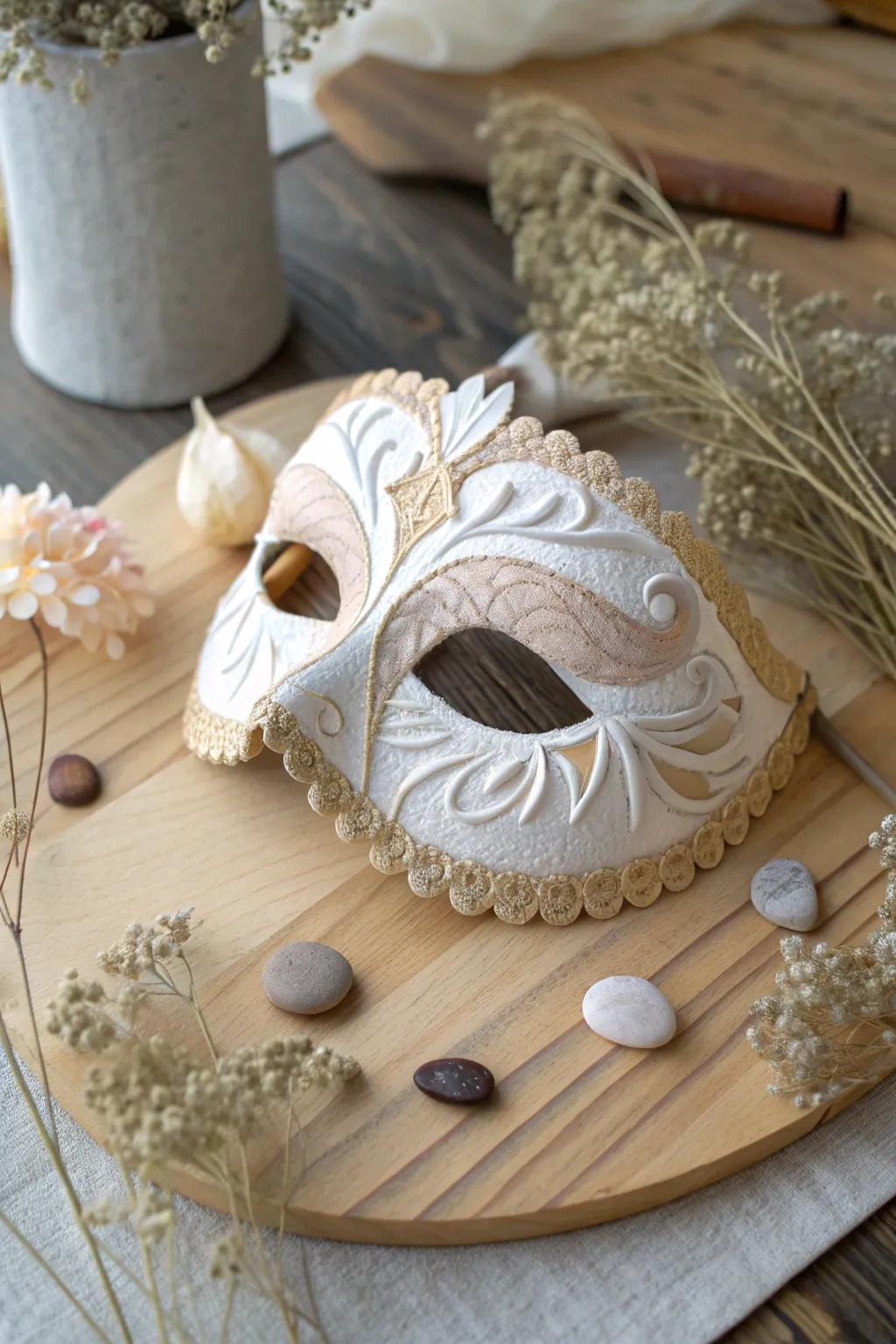 Embrace the art of paper mache with this intricate mask, a blend of minimalism and bohemian charm.