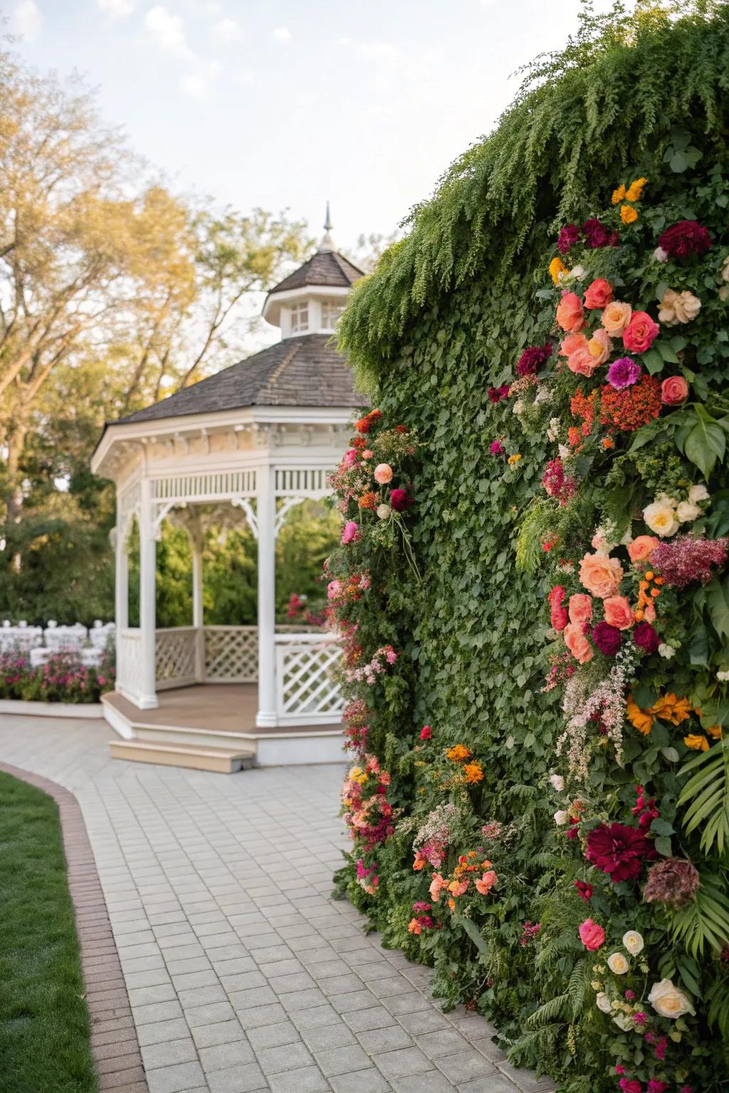 A vibrant floral wall serves as a stunning wedding backdrop.