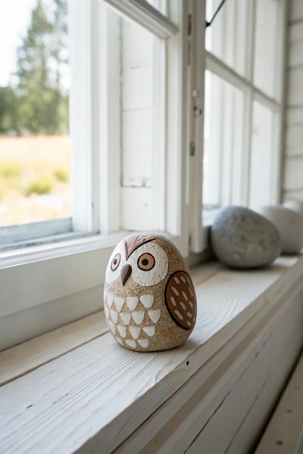 Bring whimsy to your space with this charming pebble owl, a perfect blend of art and nature.