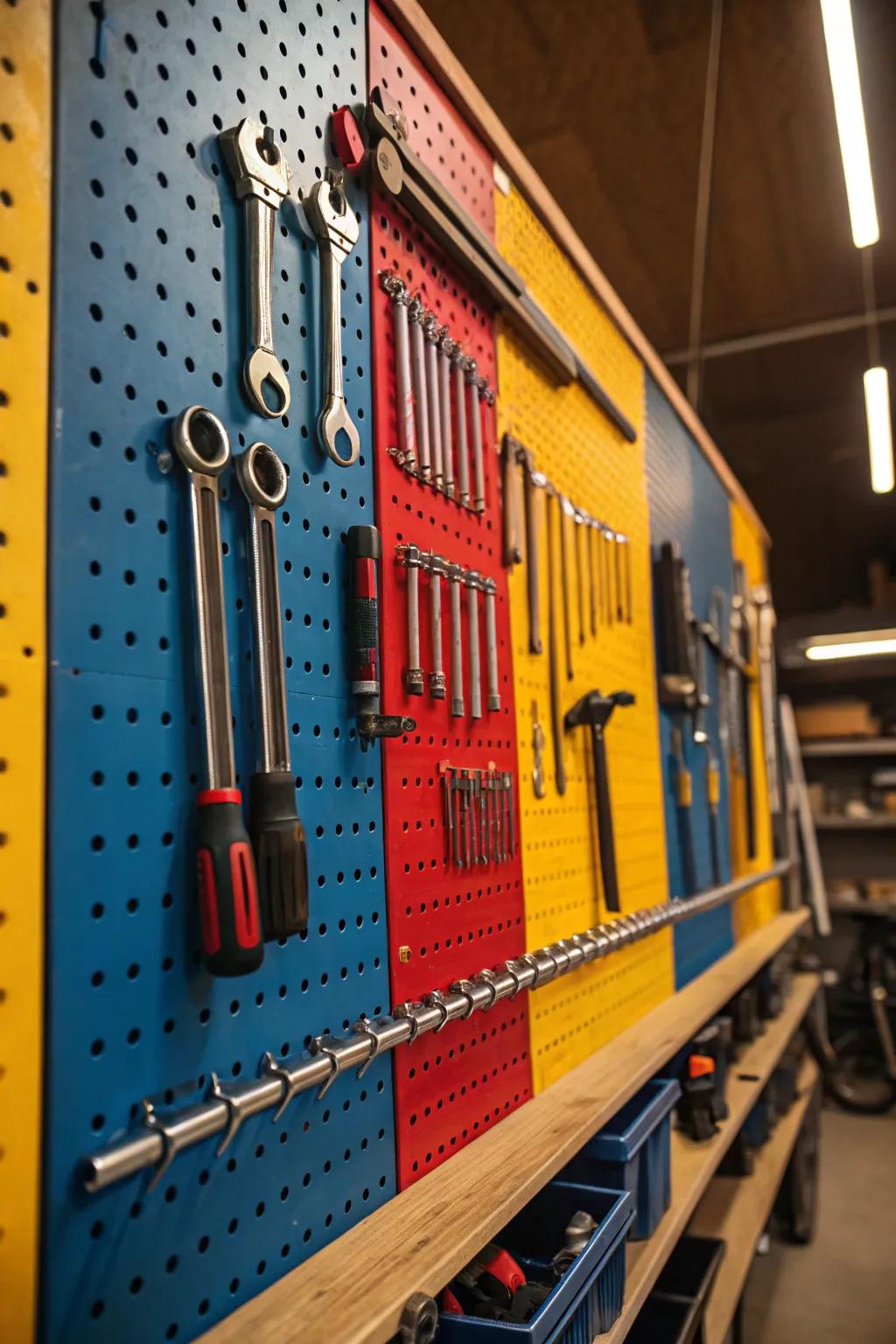 Transform your garage with a touch of color and craftsmanship—organized elegance at its best.