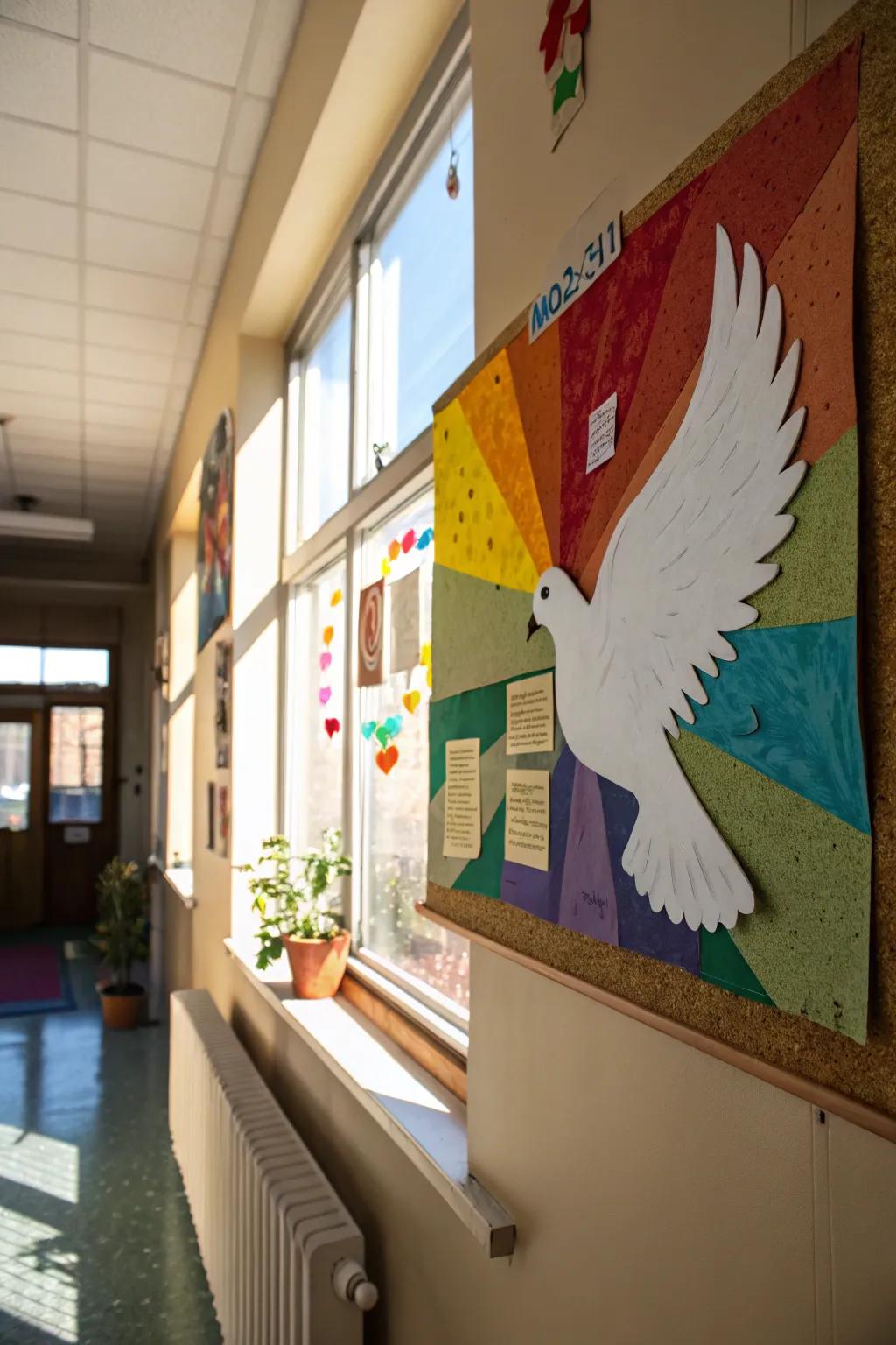 A peaceful dove crafted from white paper adds elegance to the board.