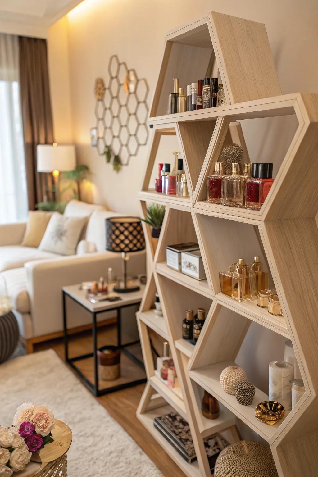 Geometric shelves transform your perfumes into a visual centerpiece.