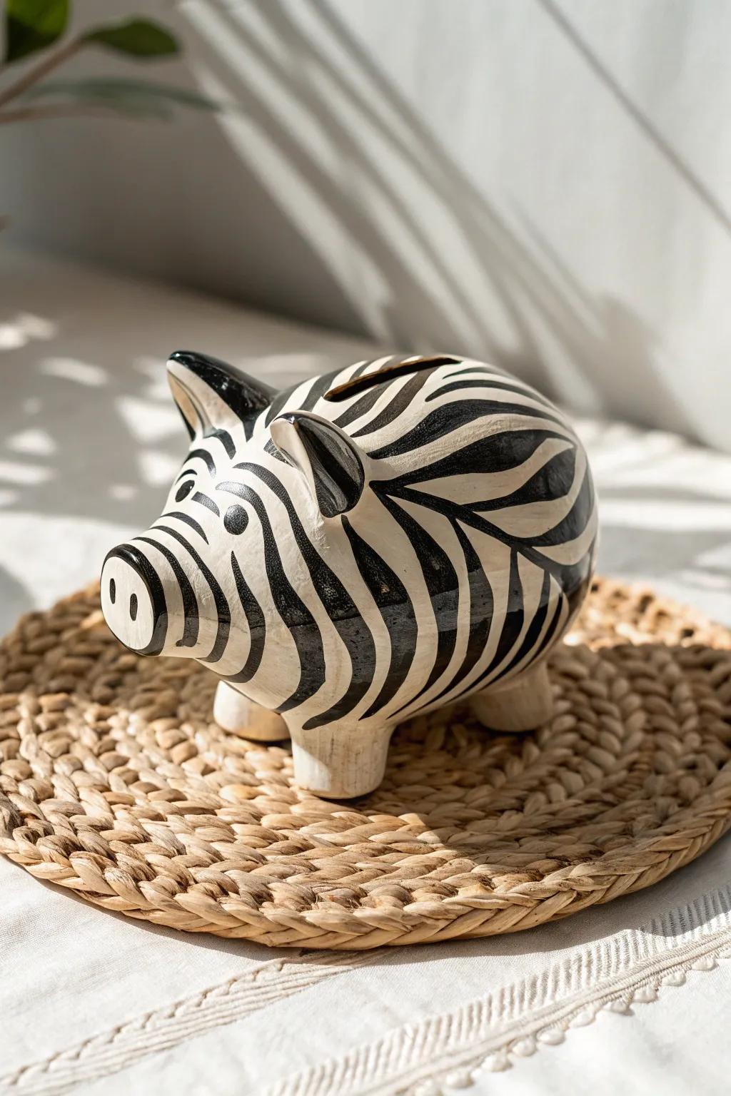 Unleash your creativity with wild animal prints on your piggy bank for a touch of adventure and elegance.