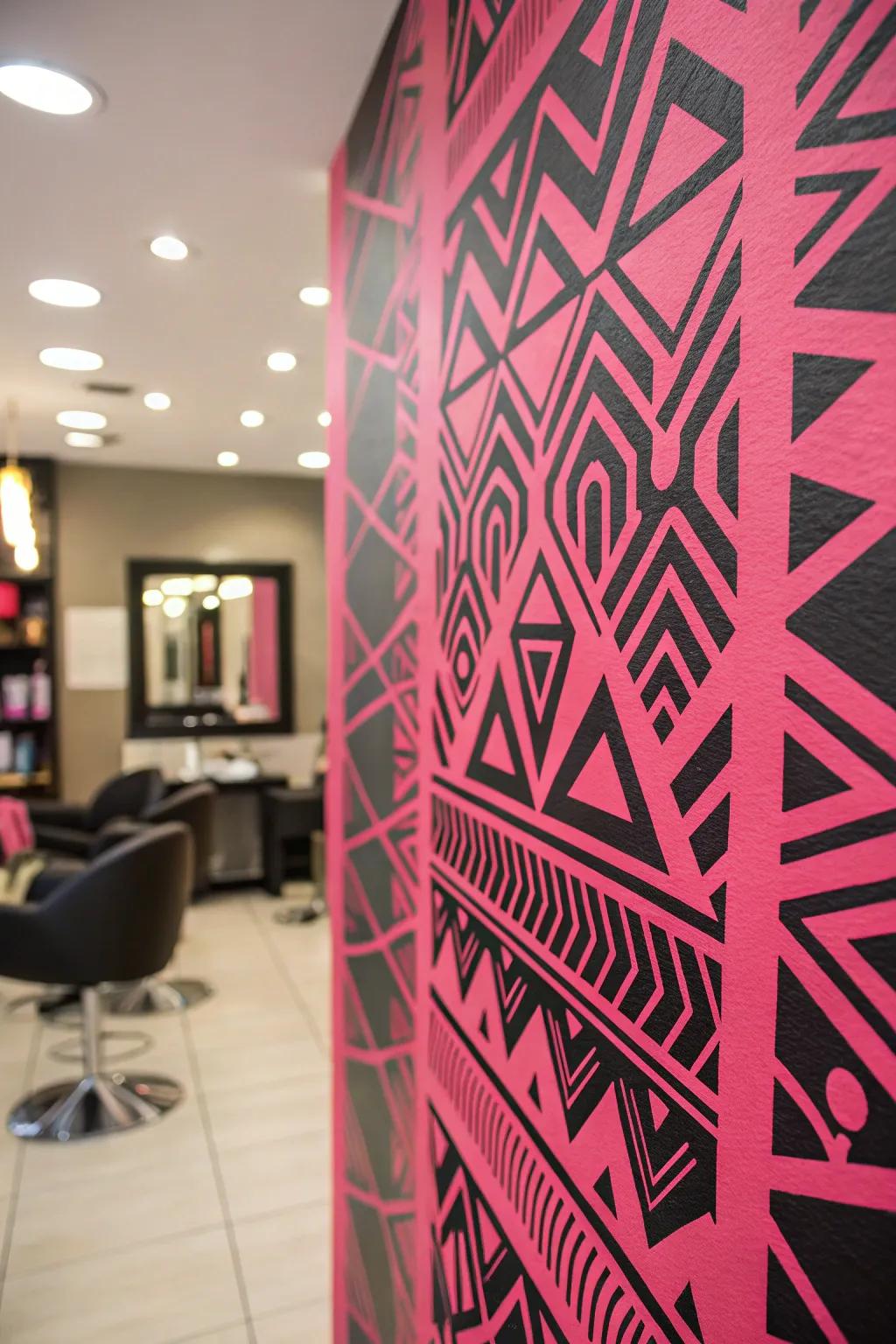 Bold pink and black patterns create a dynamic salon atmosphere.