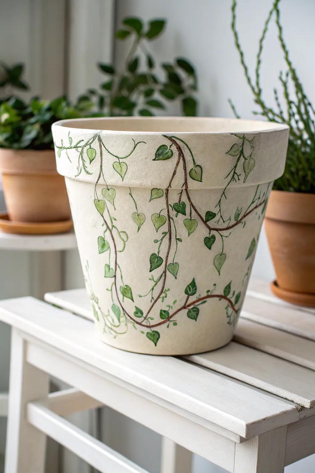 Transform your plant pots into miniature garden masterpieces with vintage vine designs.