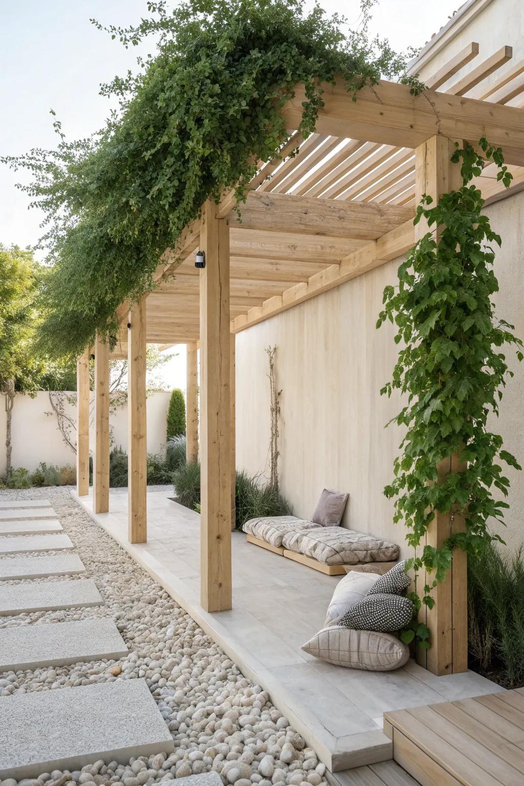 Transform your garden into a serene retreat with a pergola draped in lush greenery.