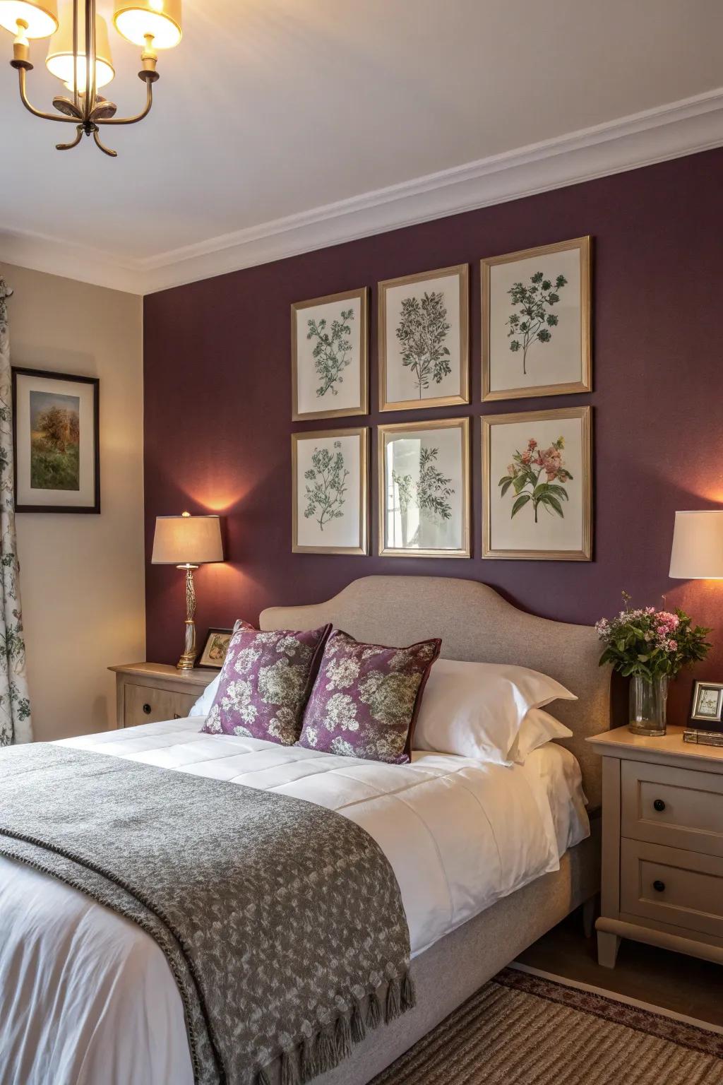 A bold plum accent wall that elevates the room's style.