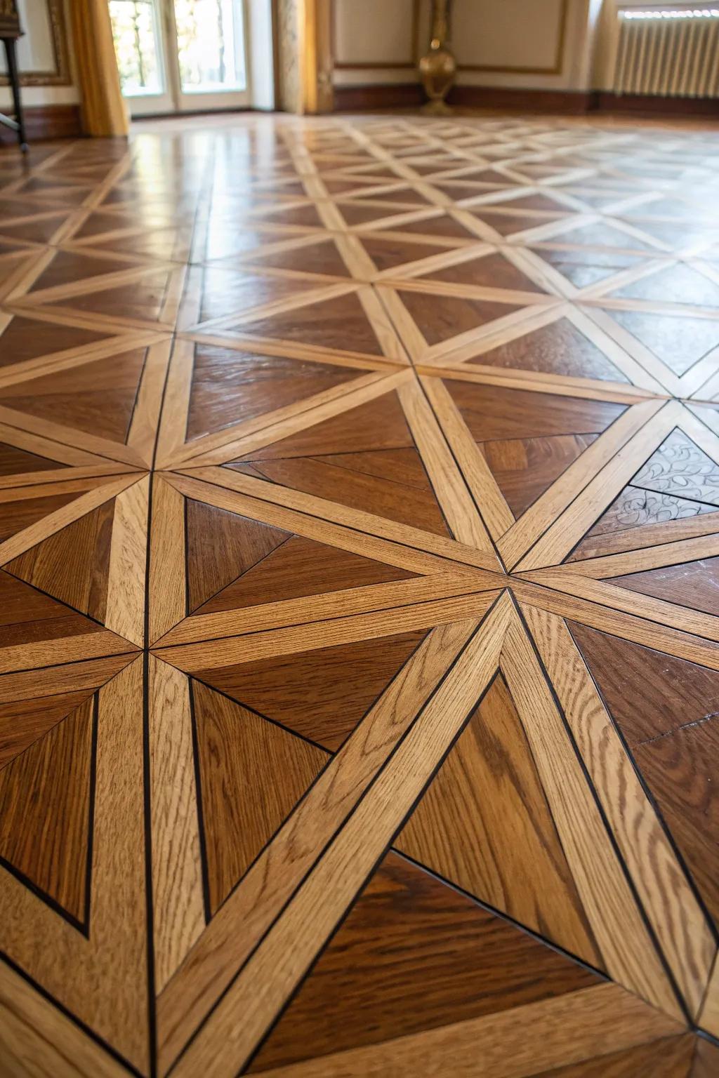 Transform your space with stunning geometric plywood flooring—where modern design meets timeless craftsmanship.