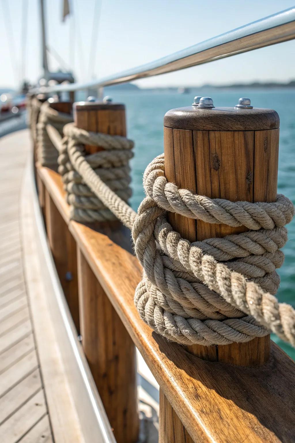 Elevate your pontoon's style with rugged nautical rope railings for an authentic maritime vibe.