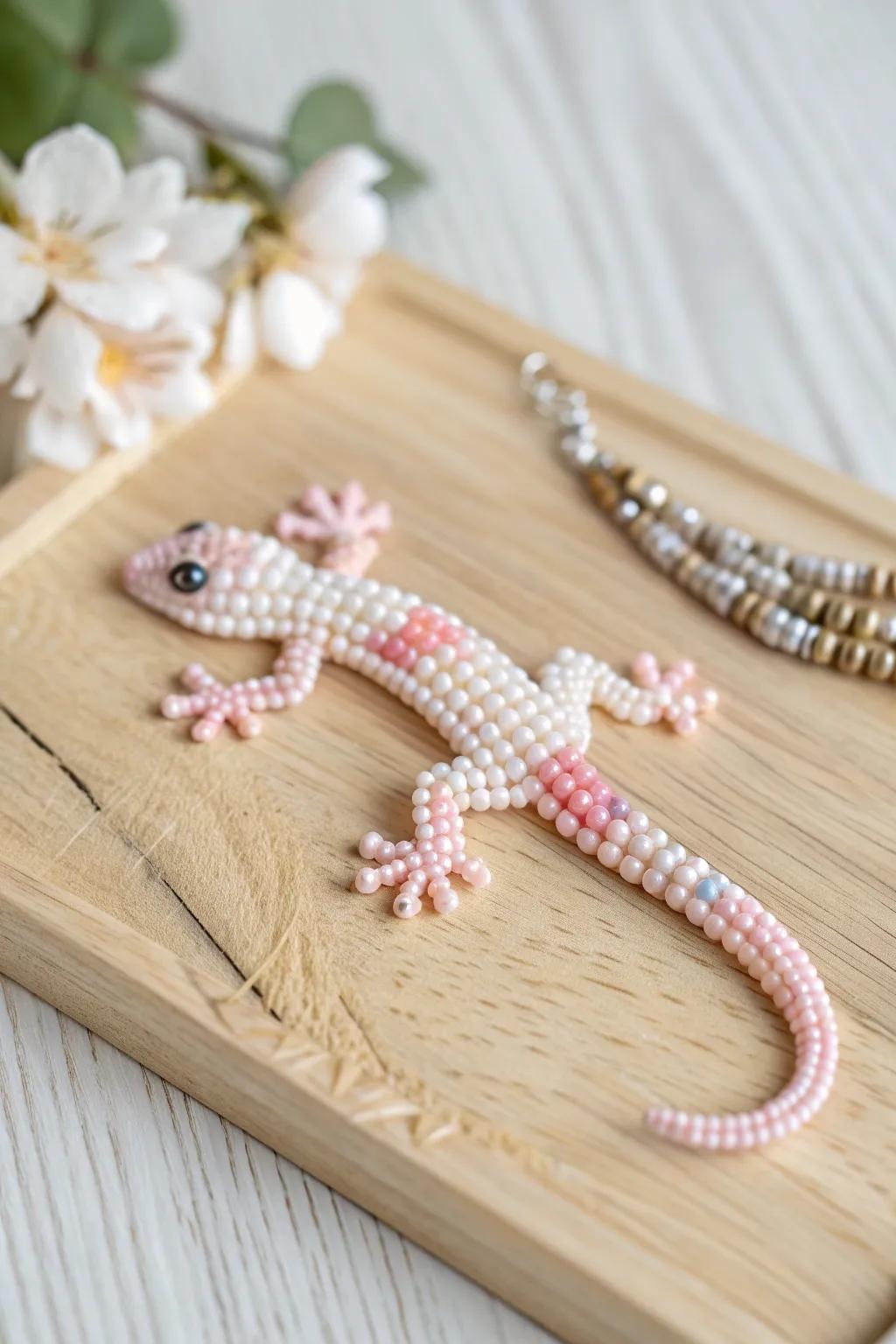 Charming beadwork: A minimalist lizard crafted from pastel pony beads, perfect for adding a playful touch to your decor.