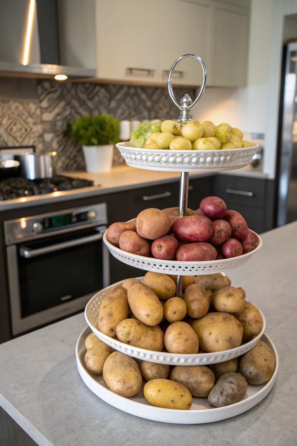 A tiered stand showcasing an array of potatoes.