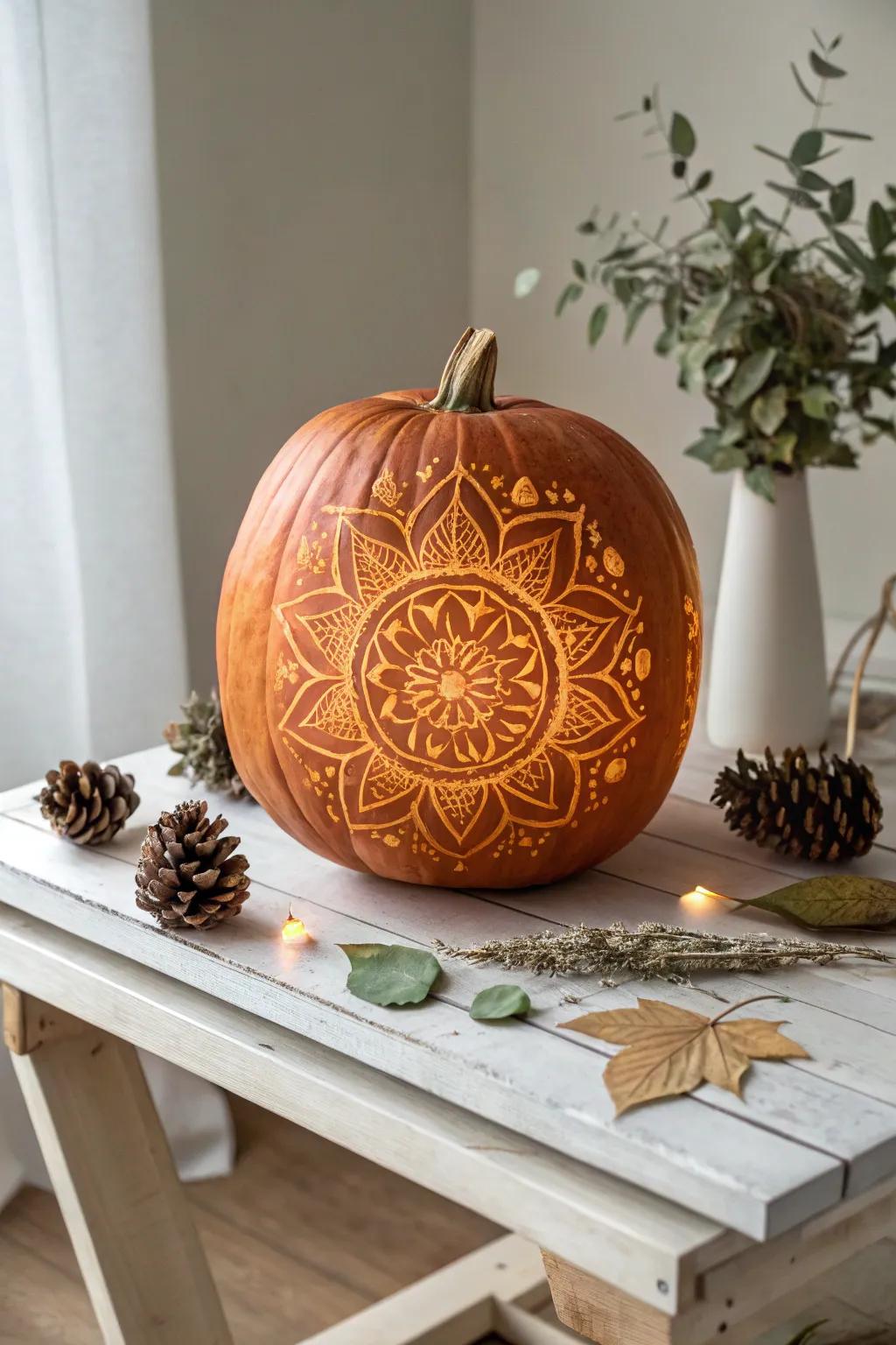 Transform your pumpkin into a glowing masterpiece with a floral mandala design—where garden elegance meets autumn charm.
