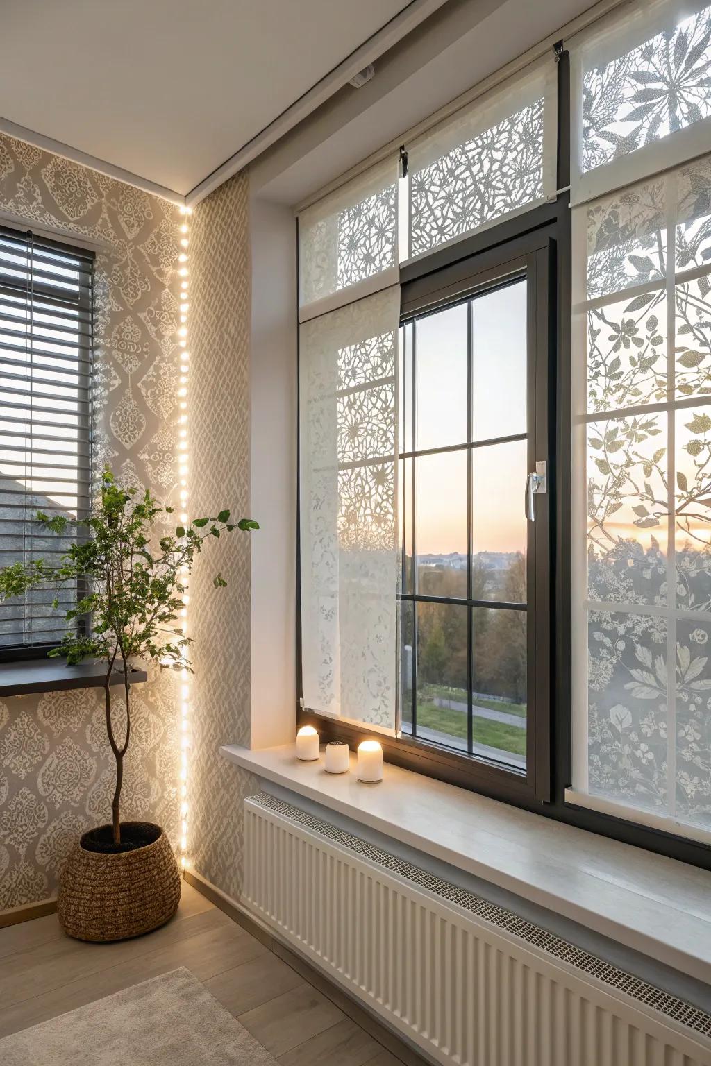 Decorative films enhance privacy and add artistic flair to windows.