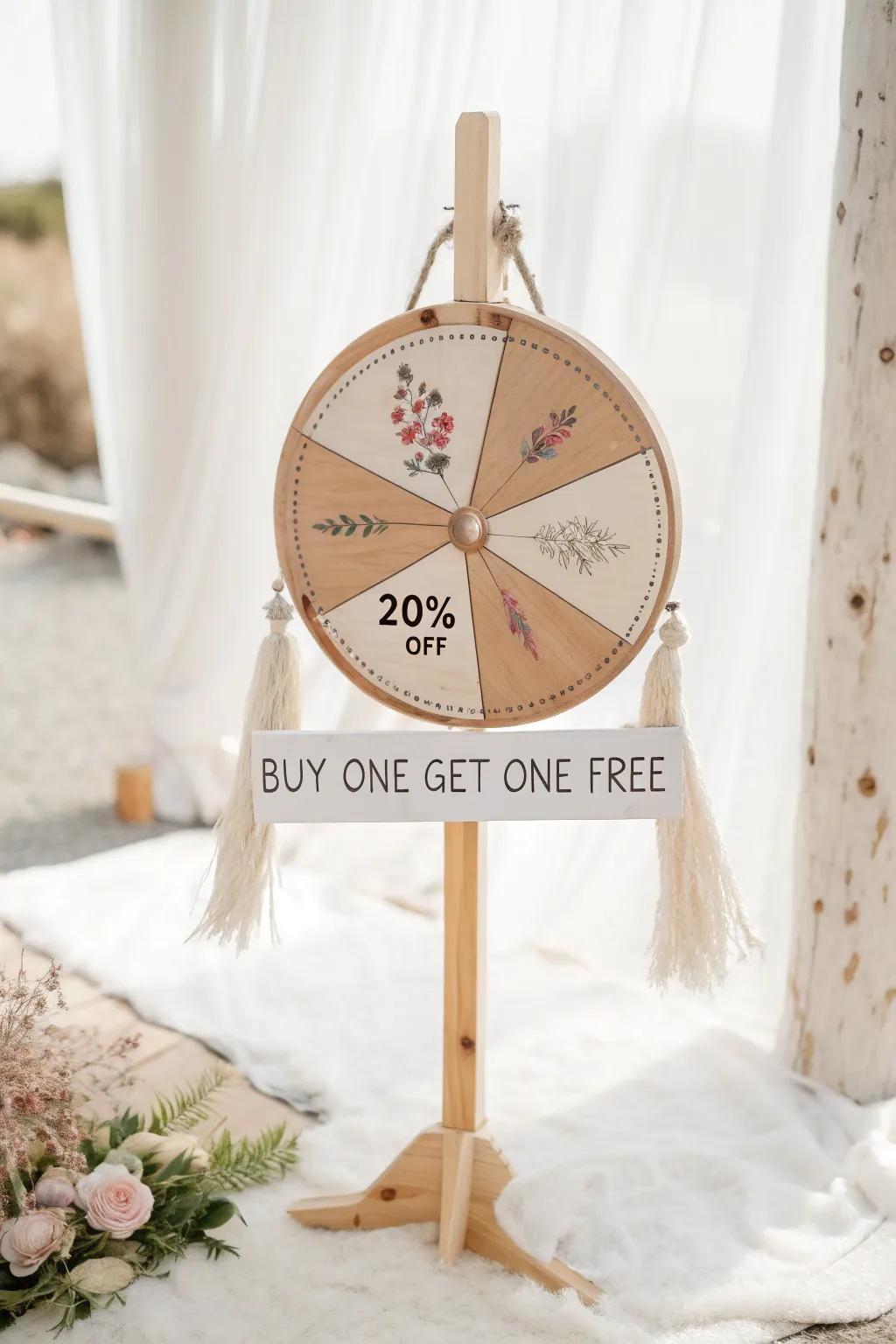 Spin your way to amazing deals with this beautifully crafted prize wheel!