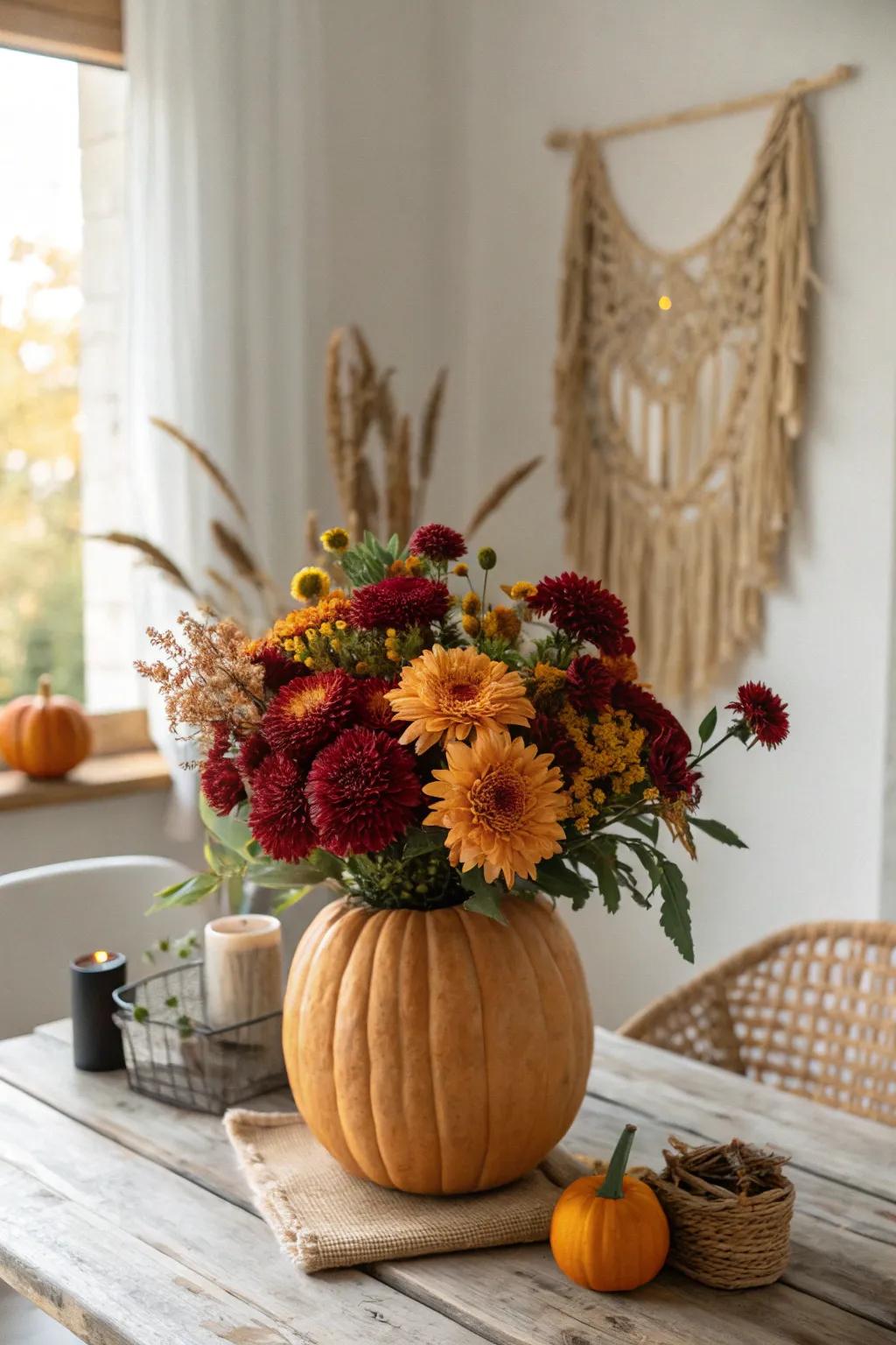 Elevate your fall decor with a stunning pumpkin floral arrangement—an effortlessly chic centerpiece that captures the essence of autumn.