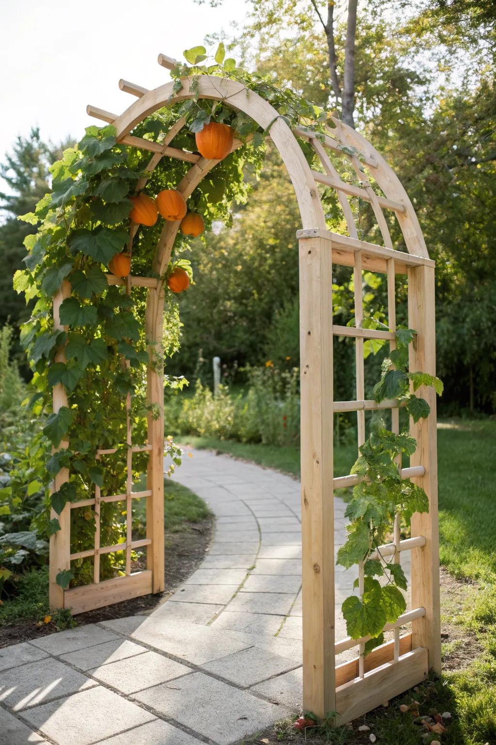 Step into a magical garden with this enchanting pumpkin archway trellis, where simplicity meets natural elegance.