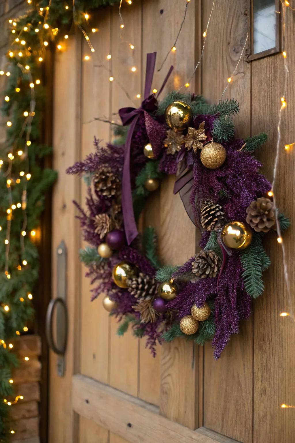 Rich violet and gold for a glamorous holiday centerpiece.