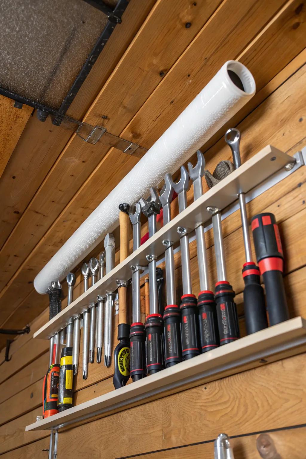 Elevate your workshop's efficiency with this stylish PVC pipe ceiling-mounted storage solution.