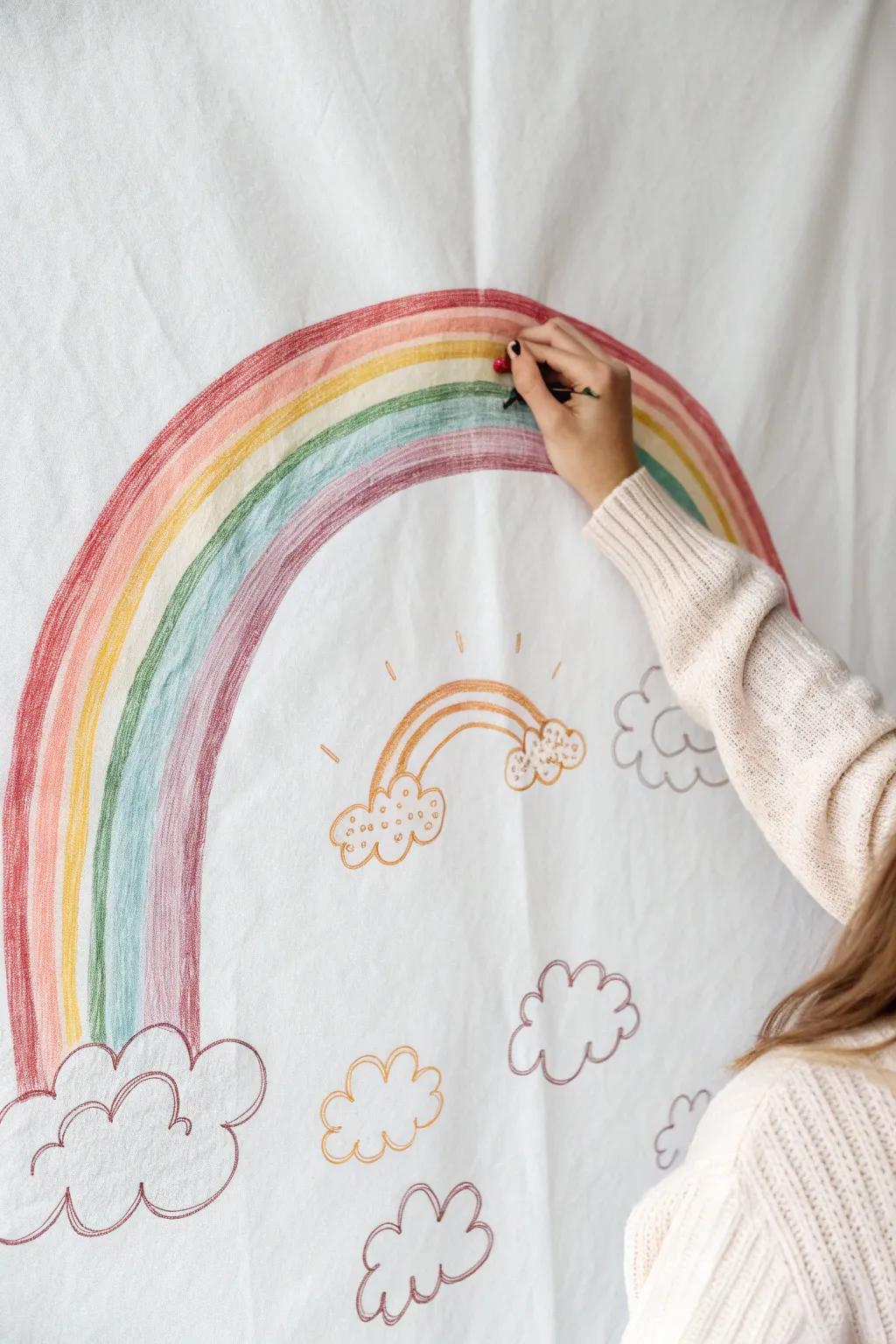 Capture the magic of simplicity with a rainbow and fluffy clouds – where Scandinavian minimalism meets boho charm.