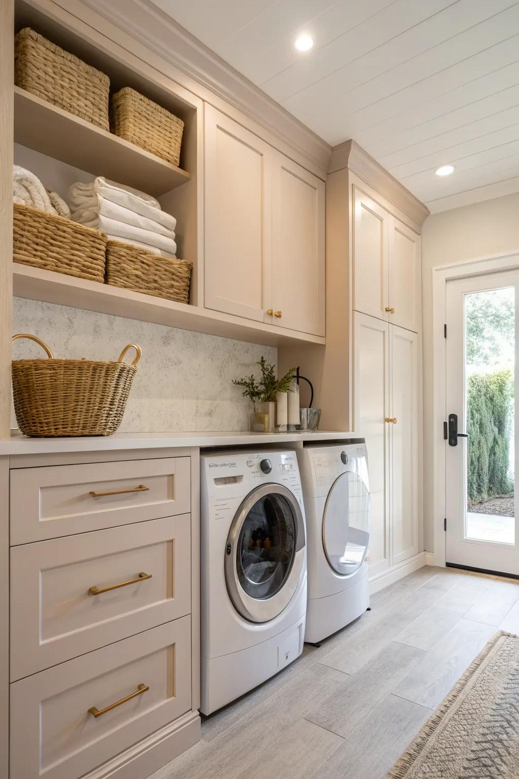 Elevate your laundry space with seamless custom cabinetry for a chic and organized look.