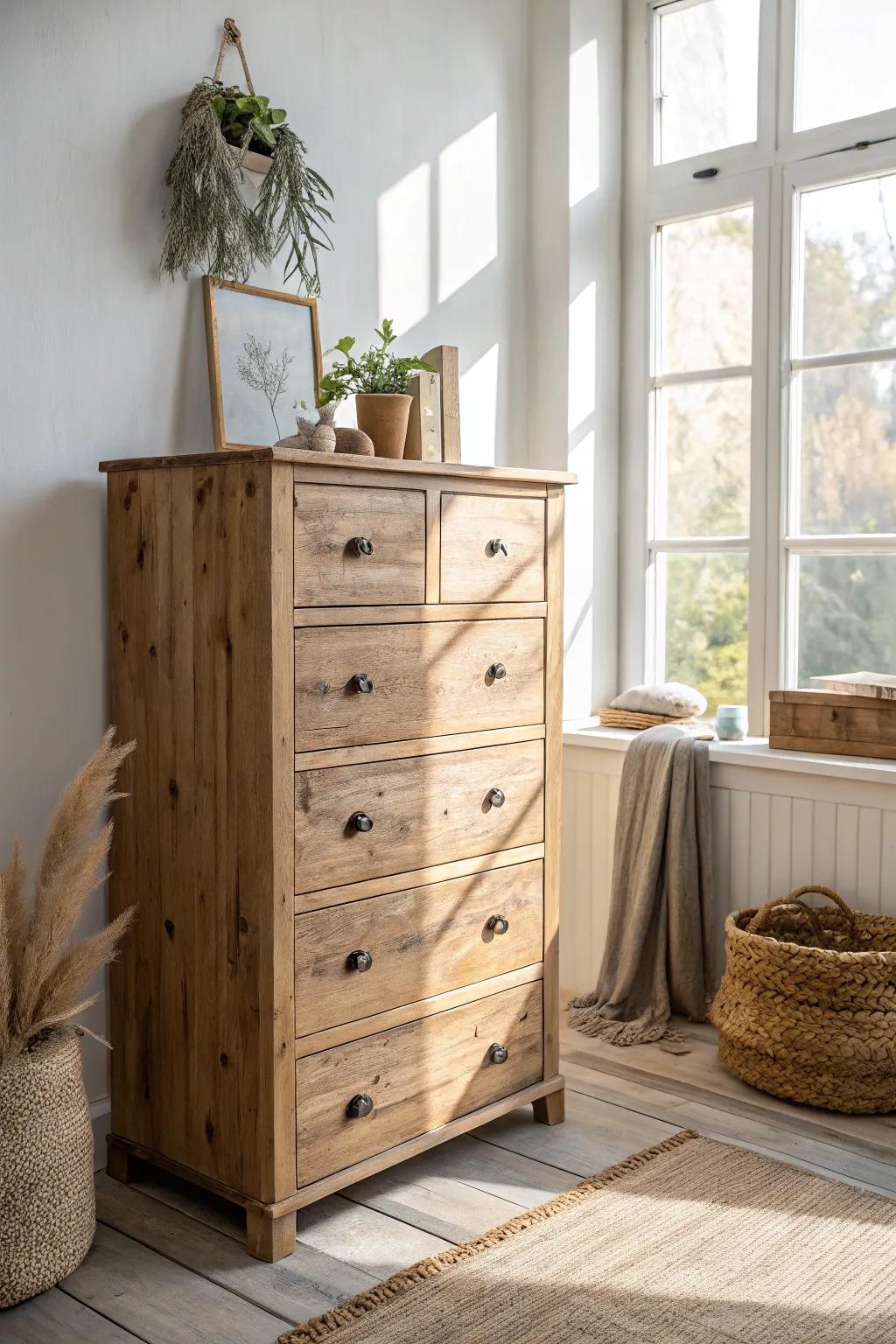 Rediscover rustic charm with this beautifully refurbished dresser, where natural wood grain and minimalist design meet timeless elegance.