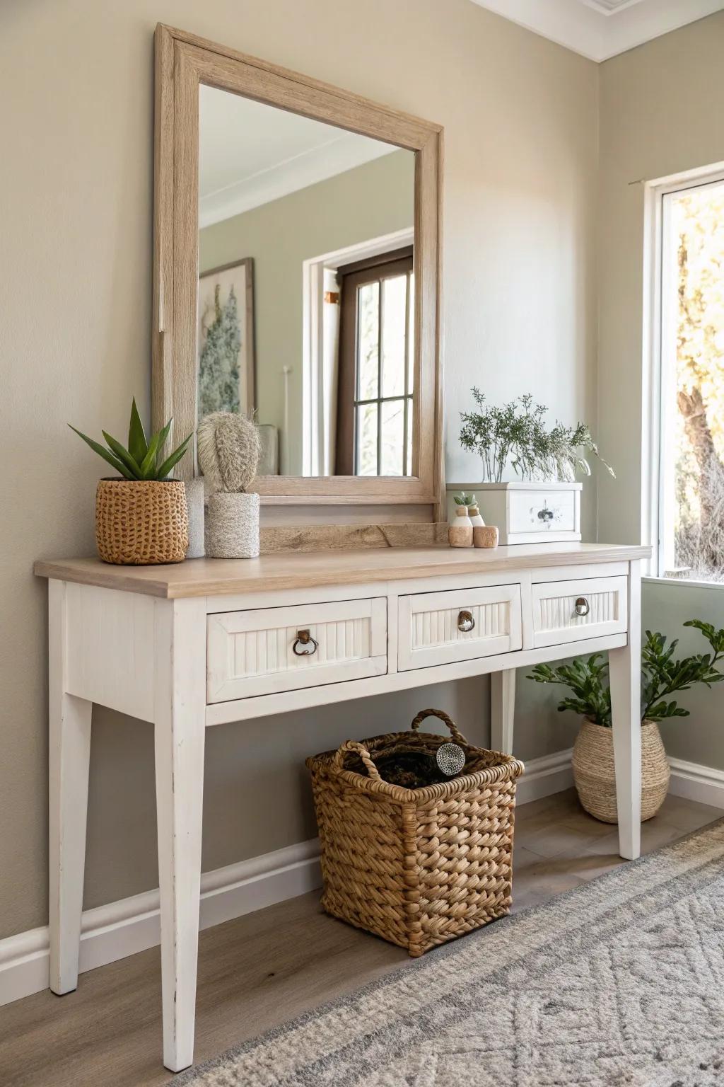 Transform your space with a mirrored vanity that catches the light and your imagination. #ScandinavianSimplicity #BohoChic