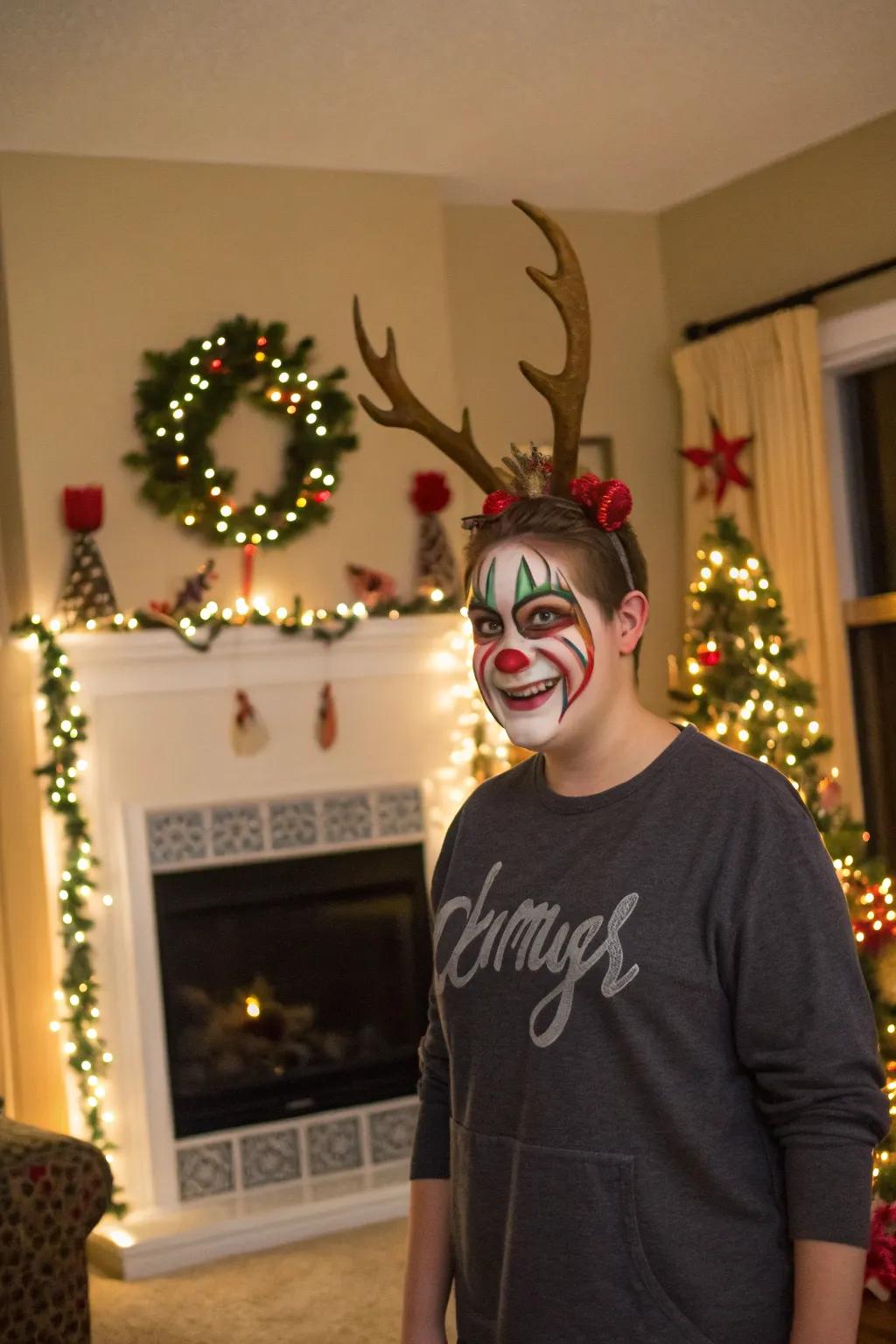 Bold antlers add a dramatic flair to any reindeer face paint.