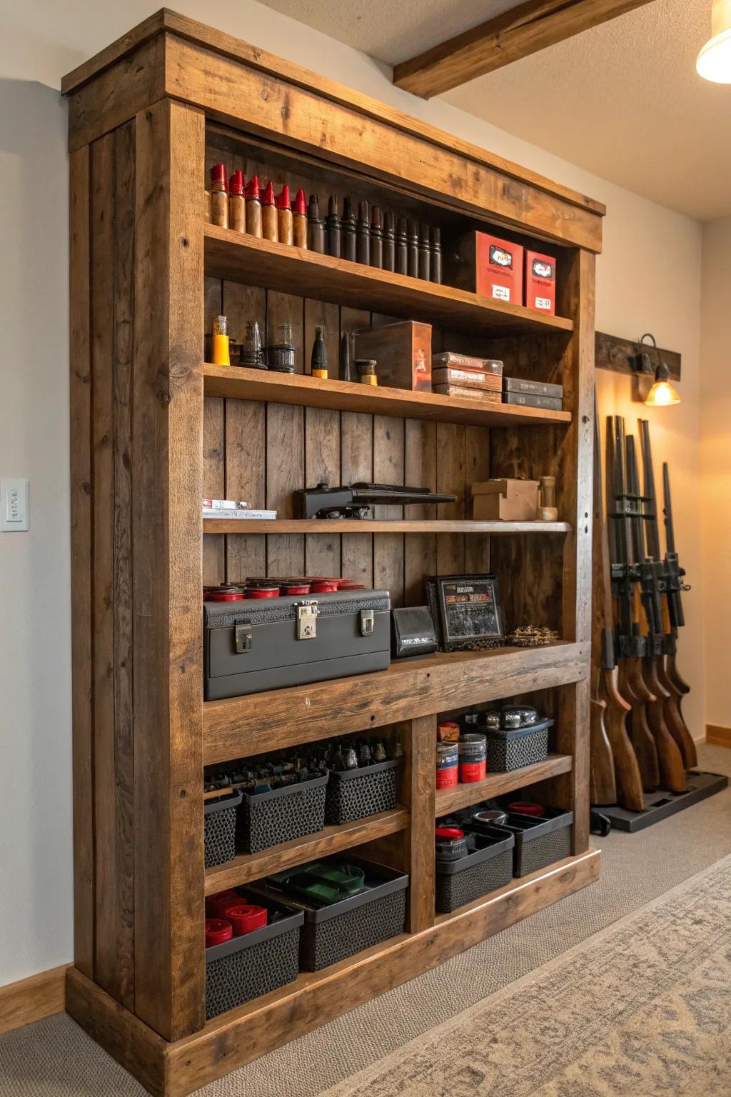 Elevate your reloading room with custom shelving that marries functionality and rustic charm.