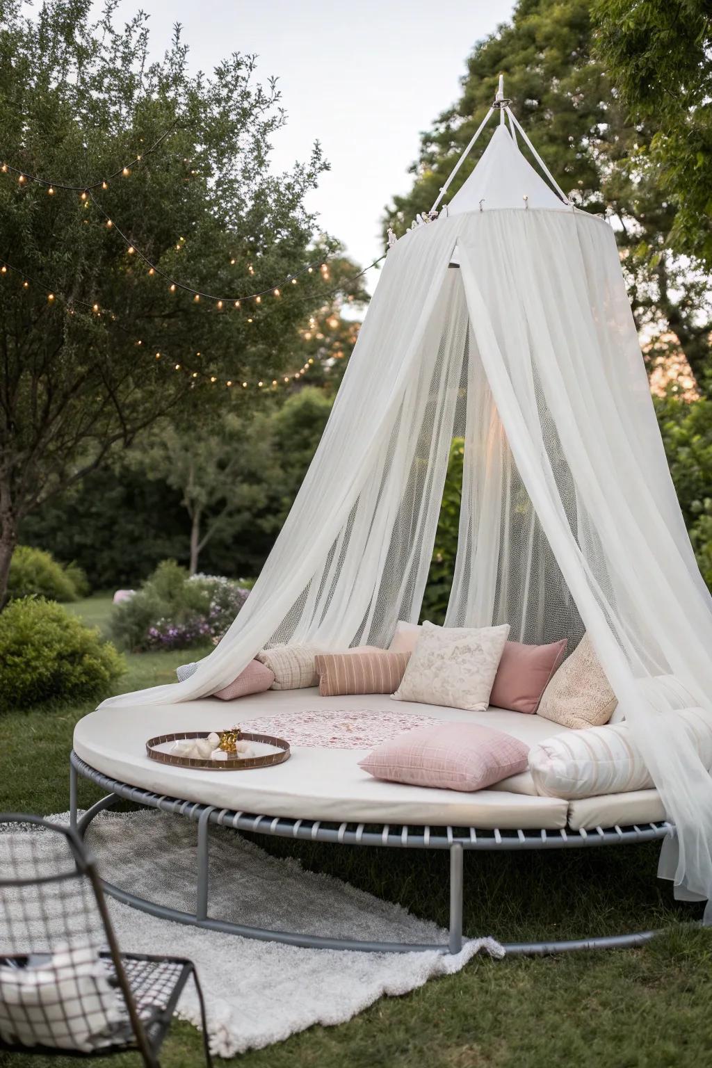 Transform your trampoline into a chic outdoor haven and indulge in serene comfort.